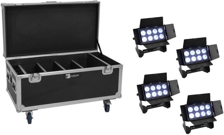 EUROLITE Set 4x AKKU Multiflood IP 8x10W RGBW Wash CRMX + Case mit Ladefunktion