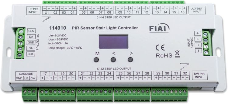 ISOLED Treppen-Effekt PWM-Dimmer 5-24V DC, 32x1A + SPI-Output, 2 PIR Sensor + 2 Push-Tast Eingänge