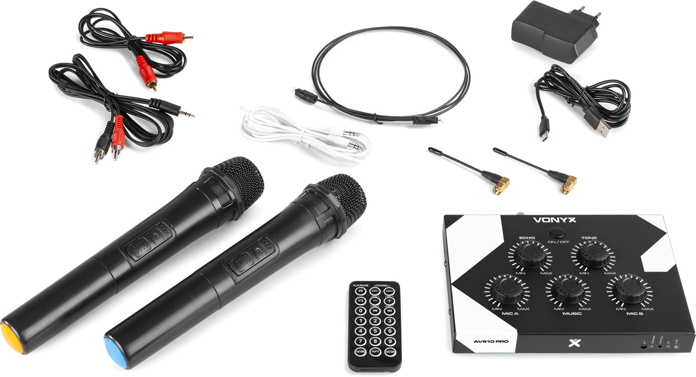 Vonyx AV510 Pro Set de Karaoke con 2 microfonos inalambricos para Karaoke,  con Receptor Bluetooth y Mezclador de Sonido, Ideal para organizar Karaoke  Durante Tus Fiestas o Karaoke Infantil : : Instrumentos