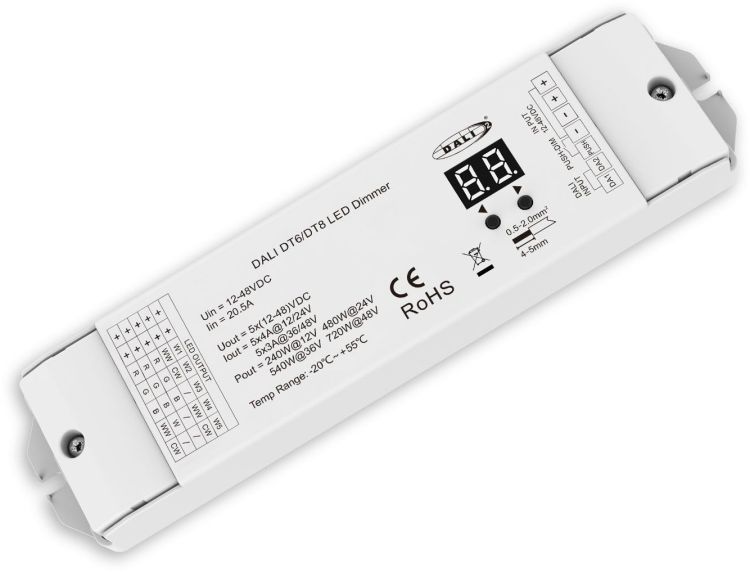 ISOLED DALI DT6/DT8 1 Adresse Multi-PWM-Dimmer, 5 Kanal, 12-24V DC 5x4A, 48V DC 5x3A