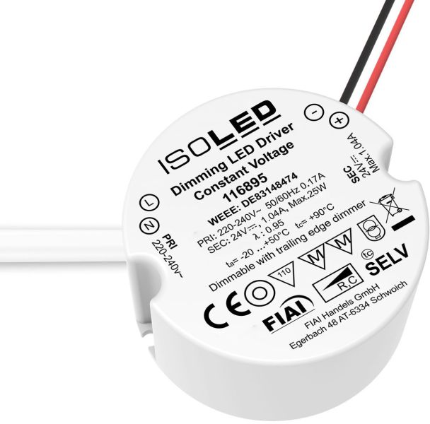 ISOLED LED Schalterdosen-PWM-Trafo 24V/DC, 0-25W, Tiefe 30mm, IP65, dimmbar, SELV