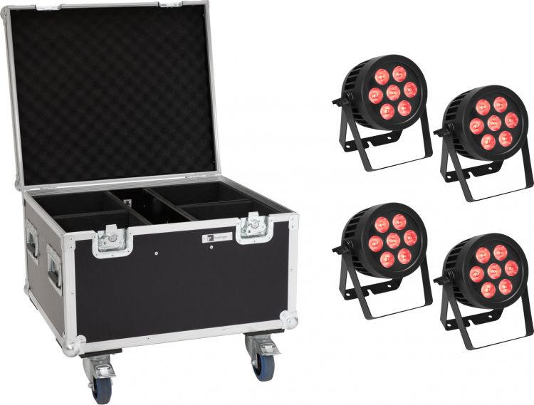 EUROLITE Set 4x LED IP PAR 7x8W QCL Spot + Case mit Rollen