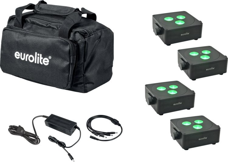 EUROLITE Set 4x AKKU IP Flat Light 3 sw + Ladenetzteil + Soft-Bag