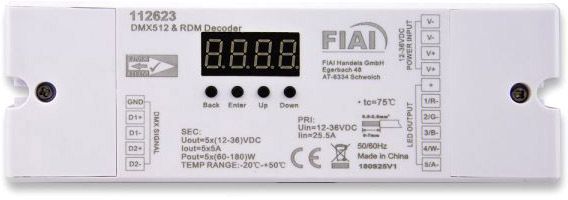 ISOLED DMX512 RDM 8/16 Bit Decoder, 1-5 Kanal, 12-36V 5x5A, 48V 5x1.5A