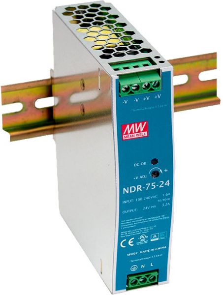 Meanwell DIN Rail Power Supply 75 W/24 VDC Mean Well NDR-75-25